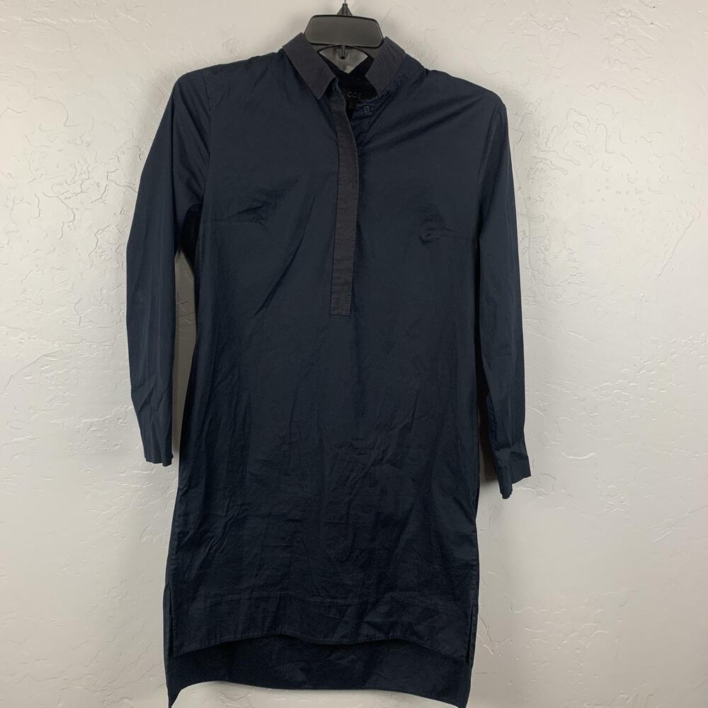 COS Shirt Dress Womens 12 Navy Popover Tunic Band Collar High Low Hem Stretch